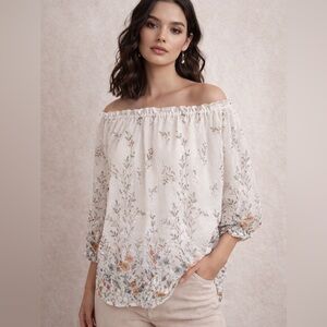 Orchard Haze White Floral Silky Boho Lined Blouse Size Medium
